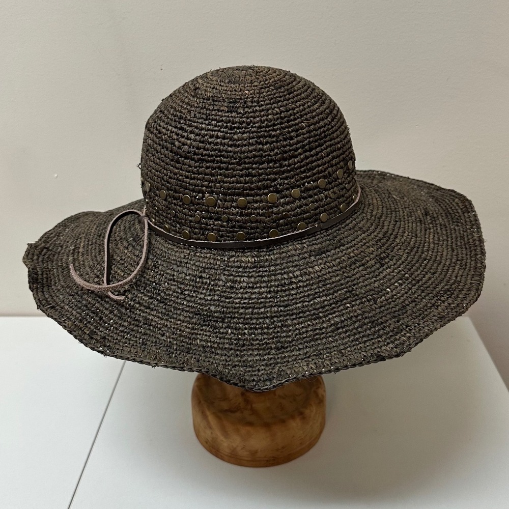 Peruvian Connection Dark Brown Woven Straw Wide Brim Sun Hat Studded Band